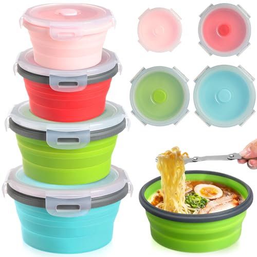 Suclain 4 Pcs Collapsible Bowls with Lids Silicone Camping Food Storage