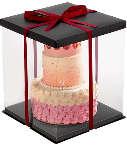 Warmiehomy Clear Cake Box, 30x30x35CM for 10 Inch Tall Cake Box, Transparent Cake gift Boxes with Lid & Ribbon, Plastic Large Cake Gift Packaging Boxes for Birthday Wedding Christmas Party