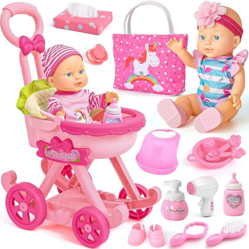G.C Puppenzubehör Spielzeug Geschenk Mädchen, Puppen Zubehör mit Babypuppe & Puppenwagen & Handtasche & 2 Puppenkleidung, Puppenzubehör Fütterung Und Pflege Set Geschenke für Mädchen 3 4 5 6 Jahre