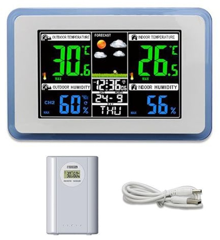 Irfora Stazione meteo multifunzione wireless casa/ufficio, display digitale a colori, orologio, 433, tester di temperatura esterna e interna, igrometro, previsioni meteo, orologio da tavolo