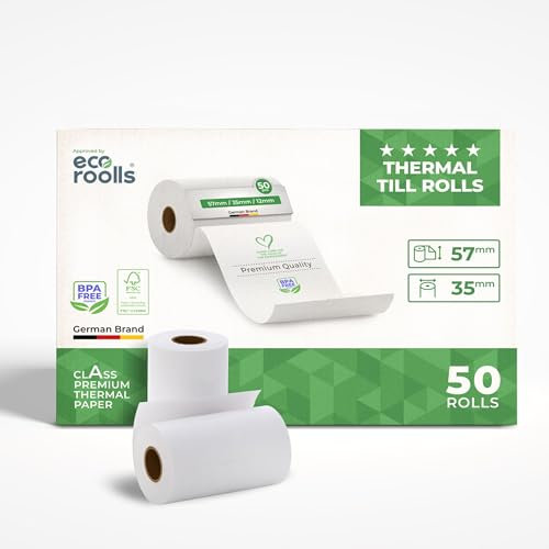 ECO ROOLLS® EC Cash Rollen Thermopapier 57mm x 35mm x 12mm - Kassenrollen 57x35x12 für EC & Kredit-Kartenlesegeräte - Thermorollen 57mm - Bonrollen EC Gerät - Für Systeme bis 14m Papierbedarf (50 Stk)