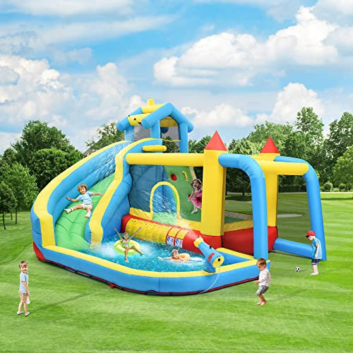 Château Gonflable 5 en 1 pour Enfants, avec Toboggan, Zone de Saut, Piscine, Filet de Football – Dimensions Gonflées : 364 x 315 x 239 cm, Convient aux Enfants de 3 à 10 Ans