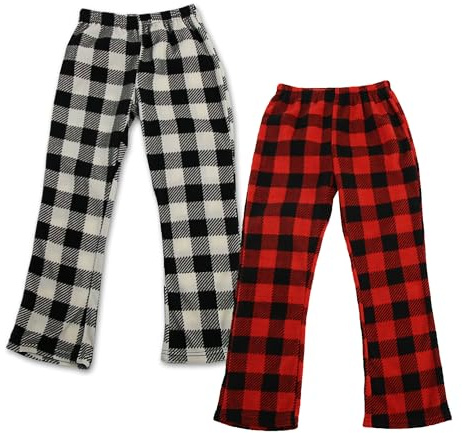 LNFINTDO 2-pack barn flickor pyjamasbyxor fleece jul pläd pyjamas byxor mjuka rutiga pyjamasbyxor med fickor nattkläder lounge byxor, Röd + grå, 11-12 Years