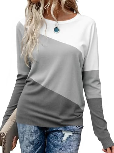 Cicy Bell Colorblock - Maglietta da donna a maniche lunghe, girocollo, casual, a tunica, grigio., L