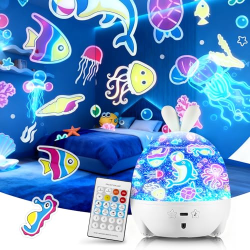 YISSVIC Proyector Bebe Proyector Estrellas Infantil 6 Temas Luces y 8 Musicas con Control Remoto 360° Rotación Regalos para Niños Cumpleaños, Navidad, Halloween