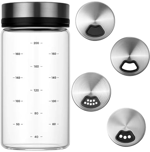 1PCS 200MLSalt and Pepper Shakers, Salt Dispenser with Lid, Spice Shaker for Kitchen, Sugar and Powder Container, Glass Salt Shaker, 12.4 x 5.7 cm