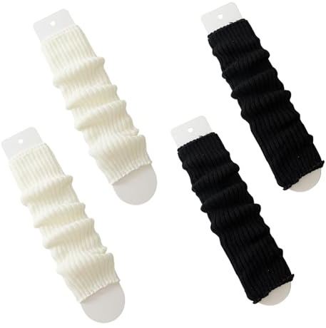 LianSinGo 2 Pairs Leg Warmers, Winter Ribbed Knit 80s Y2k Legwarmers for Women Girls, White Black Lady Long Boot Socks, Knee Warmer UK Womens Fashion Ankle Warmer for Ballet Yoga Dance Ice Skating