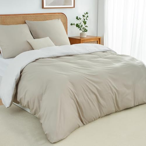 Duvetnova Bettwäsche 135x200 2teilig Beige/Weiß Bettwäsche-Sets Microfaser ÖKO-TEX Wendebettwäsche 135 x 200 2tlg, weich & bügelfrei 1 Bettbezuge 135 x 200 + 1 Kissenbezuge 80x80cm mit Reißverschluss