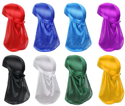 Kellegour 8pcs Durag de Seda Gorro de Onda,Envoltura de Cabeza con Cola Larga Correas Anchas,Gorro Bandanas Piratas Elástico Envoltura de Cabeza con Cola Larga Correas,para Hombre y Mujer,8 colores