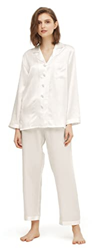 LilySilk Pyjama en Soie 2 Pièces, Chemise Boutonné en Manches Longues et Pantalon Fluide pour Femmes Blanc Naturel Grand