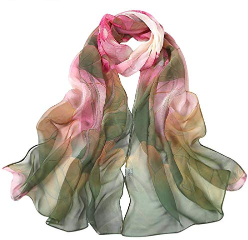 Dancila Foulard En Soie Pour Femmes - Floral Imprimé Mousseline De Soie Écharpe Wrap 155 * 50cm - Châles Tube (Mixte Vert/Rouge)