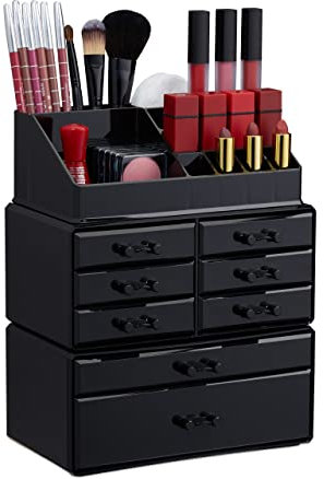 Relaxdays Make Up Organizer mit Schubladen, stapelbarer Schmuckkasten für Make Up, Acryl Schminkaufbewahrung, schwarz, 30 x 24 x 14 cm