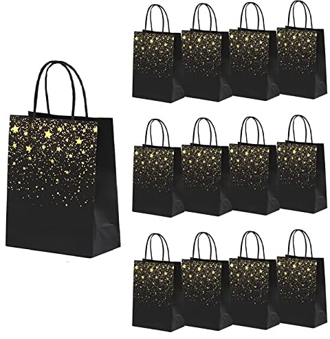 24 Pack Paper Party Bags,Kraft Paper Party Bags with Handles for Birthday,Business,Boutique,Wedding and Party Celebrations(Black Star)