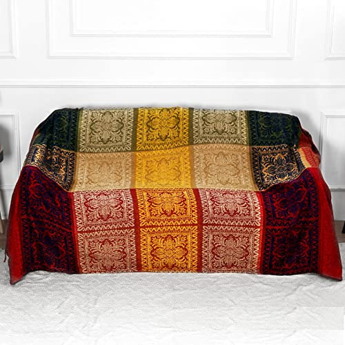 DECMAY Chenille Jacquard Boho Throw Blanket with Tassels, Throw for 2 3 4 Seater Sofa, Tartan Blankets and Throws for Bedspreads Armchairs Furniture Bed Throw (Red Blue, 220 x 260 cm)