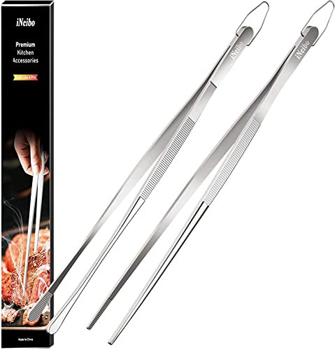 iNeibo Pinze da Cucina Pinza Barbecue Pinza Cucina Acciaio INOX di Alta Qualità Pinzette Cucina Pinze Cucina per Carne BBQ Insalata Servire e Altri Set di 2 Pinzette Chef Lunghe 30cm Appuntito/Tondo