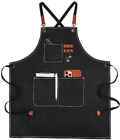 Canvas Work Aprons for Men with Pockets,Adjustable Strap and Large Pockets Apron,Kitchen Cooking Baking Chef Apron (Black)