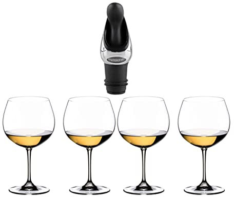 Riedel Vinum Oaked Chardonnay / Montrachet Glas (4er-Pack) Bündel mit Weinausgießer mit Stopfen (schwarz) (3 Stück)