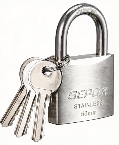 SEPOX Candado para exteriores con llave de acero inoxidable, cuerpo y grillete, resistente al agua, 50 mm, cobertizo, barco marino