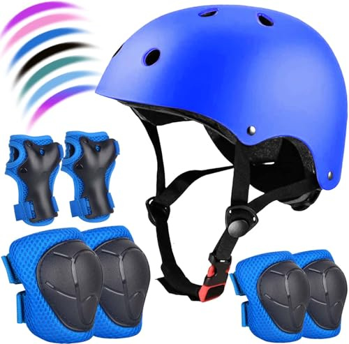 Kids Bike Helmet Set Adjustable for Children, Boys, Girls and Teenagers Aged 8-14 Years Includes Elbow, Knee, Wrist Guards Children's Helmet Protection Set for Bikes SkateboardsRollerskates