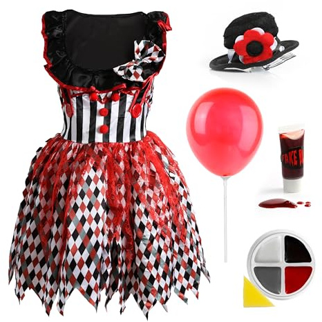 Costume de clown tueur de luxe pour femme – Taille XL – Robe de clown rouge, perruque de clown rouge, gants blancs, ballon rouge avec bâton, peinture faciale, faux sang – Déguisement d'Halloween pour
