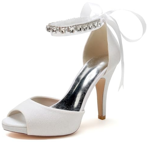 Hanfike Sandali da sera da donna, con plateau, plateau, tacco alto, scarpe da sposa con nastro, JY134, bianco, 38 EU