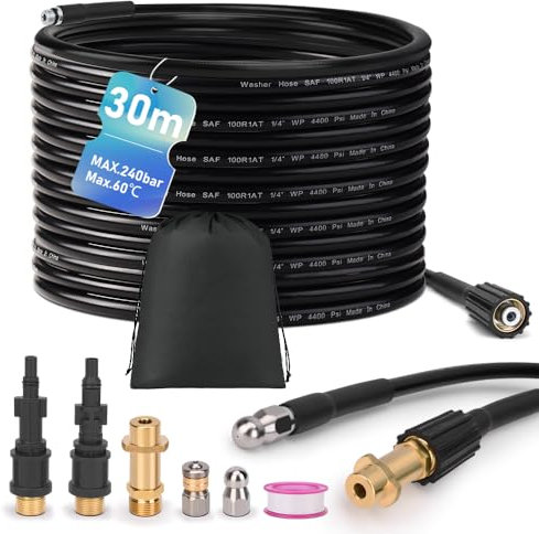 Rohrreinigungsschlauch Set 30m, 240 bar inkl. 3 Adapter, 2 Düsen starr + rotierend Kompatibel mit K2, K3, K4, K5, K6, K7, LAVOR, BOSCH, PARKSIDE Hochdruckreiniger Rohrreinigungsset Hochdruckschlauch