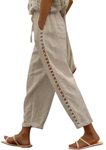 Puimentiua Sommerhose Damen Leicht,Sommer Leinenhose,7/8 Weiße Hose,Luftig Sommerhosen,High Waist Linen Pants,Elegant Stoffhose,Lockere Ausgehöhlt Hosen mit Tunnelzug und Taschen (Khaki,S)