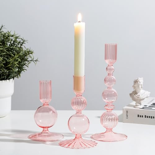Glasseam Rosa Portacandele in Vetro: Set di 3 Portacandele Portacandele Colorati per La Decorazione della Casa Portacandele A Bolla per Candele Candelieri Decorazioni per La Tavola di Natale