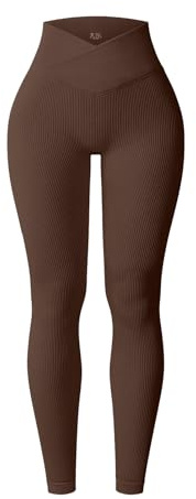 YOAKUKA Yoga Ribbed Leggings for Women High Waisted Tummy Control Seamless Butt Lifting Crossover Workout Gym Athletic Pants Coffee
