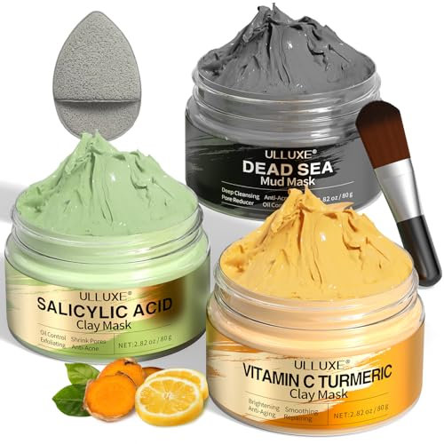 Facial Clay Mask Set - Vitamin C Turmeric Clay Mask, Dead Sea Mud and Salicylic Acid Mask for Pores Cleansing, Blackheads, Dark Spots, and Brightening, Face Masks Skincare, Mother's Day Gifts