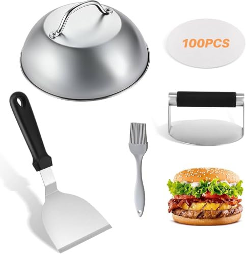 Stainless Steel Burger Smasher Press Set, Burger Press Kit with Burger Smasher, Cheese Melting Dome, Spatula, Brush, 100PCS Oil Absorbing Paper, Burger Making Tools for Flat Top Grill Cooking