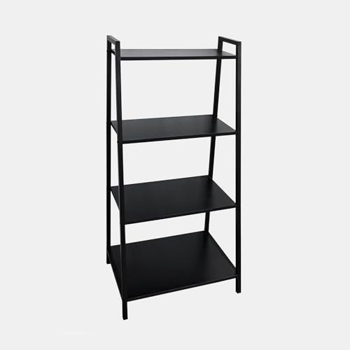 OHS Black Ladder Shelving Unit 4 Tier, Storage Standing Shelves Industrial Bookcase Wide Living Rooms Bathrooms Bedrooms Home Wood Ladder Shelves with Metal Frame - 90 x 43 x 30cm