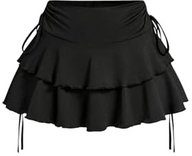 PRSFPN Women's Y2k Mini Ruffle Skirts with Shorts Tiered Layers Cute Elastic Waist Coquette Skort Drawstring Side Bow Tie (Black, Medium)