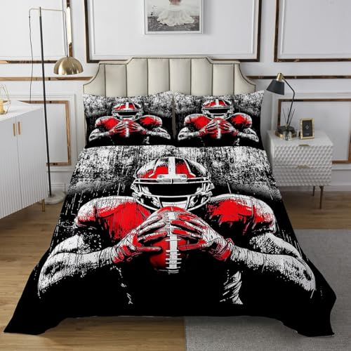 Juego de colcha infantil de jugador de rugby, tamaño individual, dibujo a mano, diseño de graffiti, decoración de habitación de niños y hombres, colcha acolchada de fútbol americano, edredón negro, 1