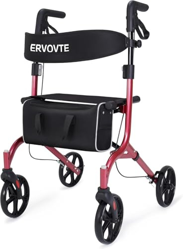 Lightweight Folding Walker with Seat for Seniors, Rollator Walker with Dual Brakes for Safety, 8 Big Wheels for All Terrain, Adjustable Height and 300 lbs Capacity