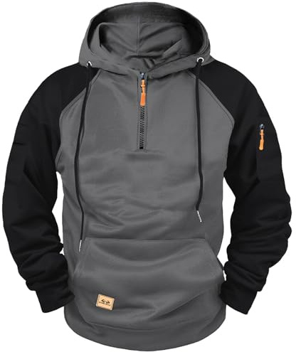 PADOLA Sweat a Capuche Homme 1/4 Zip Pull de Travail Hiver Couleur Vives Cargo Veste mi Saison Manches Longues Polaire Sweats avec Multi-Poches Automne Sweatshirts Chaud (0 Gris, L)