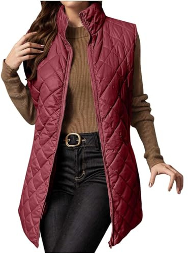 IUYTYSER Women's Quilted Gilet Longline Jacket Sleeveless Down Vest Lightweight Body Warmer Padded Outerwear Ladies Autumn Winter Coat Cozy Zipper Waistcoat Hiking Sports Workout Red XXL