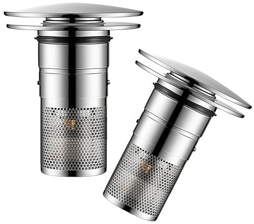 2 Pezzi Confezione da Scarico Lavabo Bagno Universale Pop up,Filtro Tappo Lavandino Bagno in Metallo con Filtro Anti Clogging,Valvola Piletta Cucina Bidet Vasca(Per il foro di drenaggio di 32-40mm)
