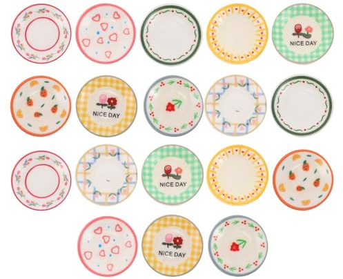 FELTECHELECTR 18 Piezas Vajilla para Casa de Muñecas Miniatura Platos de Resina con Patrón Delicado Accesorios Duraderos para Decoración de Mini Casas y Escenas Creativas