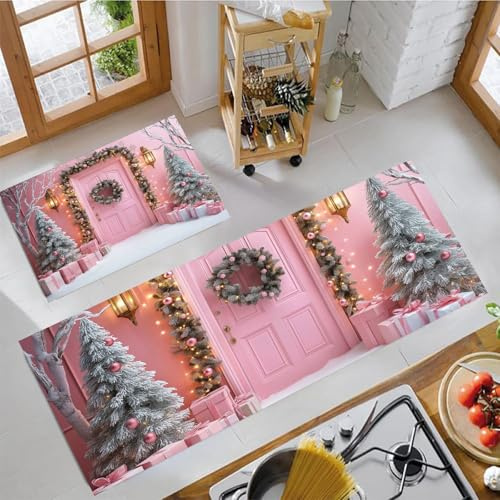 Tappeto da Cucina Ghirlande E Lanterne Antiscivolo e Lavabile Passatoia da Cucina Decorazioni Natalizie Per Porte Set di 2 Tappetini per Ufficio, Corridoio, Sala da Pranzo e Ingresso, Rosa Chiaro,