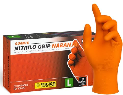 Guantes Desechables de Nitrilo Diamantados (Sin Latex y de Doble Grosor) - Guante Para Mecánica - Nitrile Gloves - Guantes Nitrilo - Guantes Trabajo Hombre - Luvas Descartaveis (50, Naranja, L)