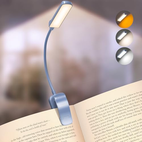 Glocusent 13 LED-boklampor för läsning på natten, 120 timmars uppladdningsbart lä, ögonvänlig 3 färger och 5 steglös dimningsljusstyrka 3 – 60 lM, flexibel kläm-på-lampa (Sjöblå)