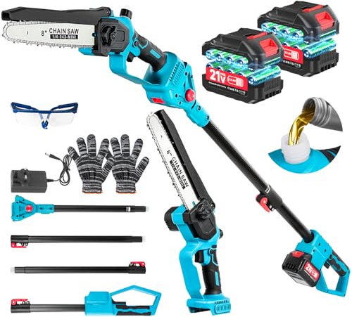Cordless Pole Saw 8-Inch with Electric Chainsaw & Pruning Shears,180° Swivel Head,3 Adjustable Lengths up to 2.4M, Brushless Motor, Dual 3000mAh Batteries,Tool-Free Chain Tensioning for Tree Trimming