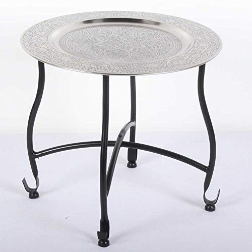 Orientalischer Teetisch Safi D40 cm rund | Beistelltisch mit Silber-Tablett & klappbarem Gestell in schwarz | Gartentisch Ostern Muttertag Deko TA7068