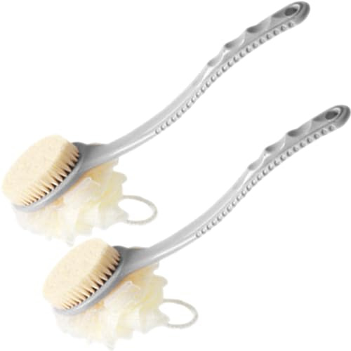 AARainbow Lot de 2 brosses de bain avec poils et luffa – Brosses de douche avec long manche exfoliant pour le dos – Améliore la santé et la beauté de la peau – Éponge de bain Loofah 2 gris.
