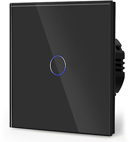 BSEED Touch Light Switch,Standard Touch Sensitive bathroom Switchs,Tempered Glass Panel with LED Backlight, No Neutral Wire Needed,1 Gang 1 Way,Black 86mm