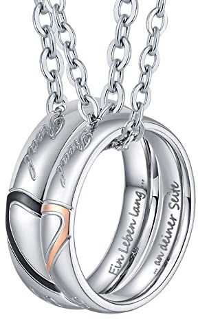 Bishilin Partnerringe mit Gravur EIN Leben lang an deiner Seite, Partnerketten Personalisiert Edelstahl Paar Halskette mit Ring Anhänger Puzzle, Kette 60CM 50CM Silber