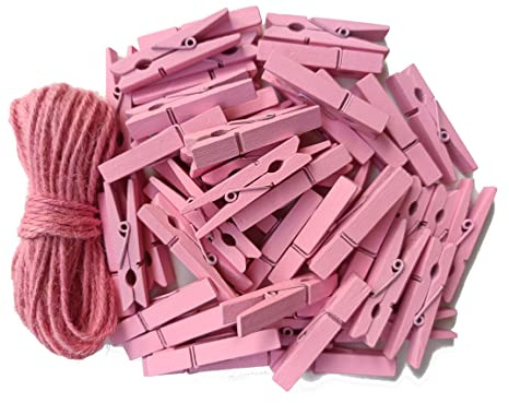 1.9 Pink Wooden Clothes Pins DIY Photo Garland Baby Shower Bag Clips Decorative Clothespins with Jute Twine Pack 50