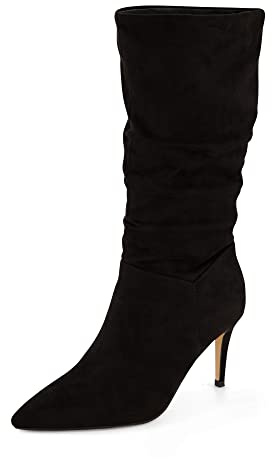 CUSHIONAIRE Women's Porsha Slouchy Vegan Suede Mid-Calf Scrunch Boot with Pointed Toe, Memory Foam & 3-Inch Heel | Wide Widths Available BLACK 8.5W