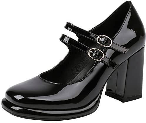 Smilice Zapatos de tacón pequeño Mary Jane para mujer, con plataforma de doble tirantes, para mujer, Negro , 45 EU